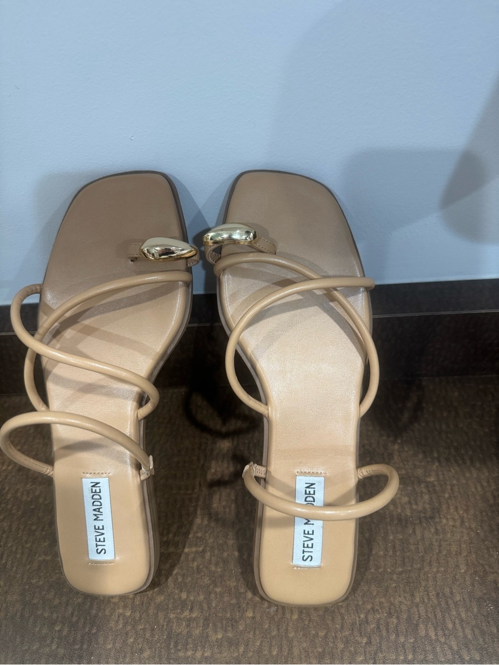 Steve Madden Nude Beige Strappy Square-Toe Heels with Gold Accent